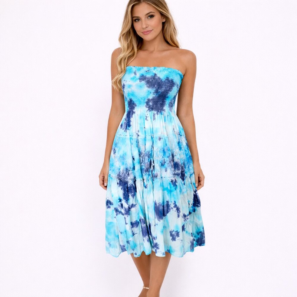 Raya Sun Smocked Strapless Tie-Dye Sundress Beach Lace Party Resort Summer Y2K